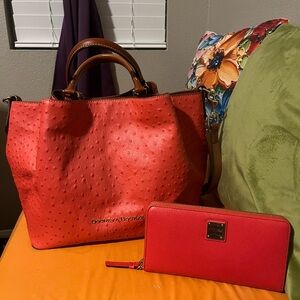 Dooney & Bourke Red Ostrich-Embossed Tote with Matching Wallet